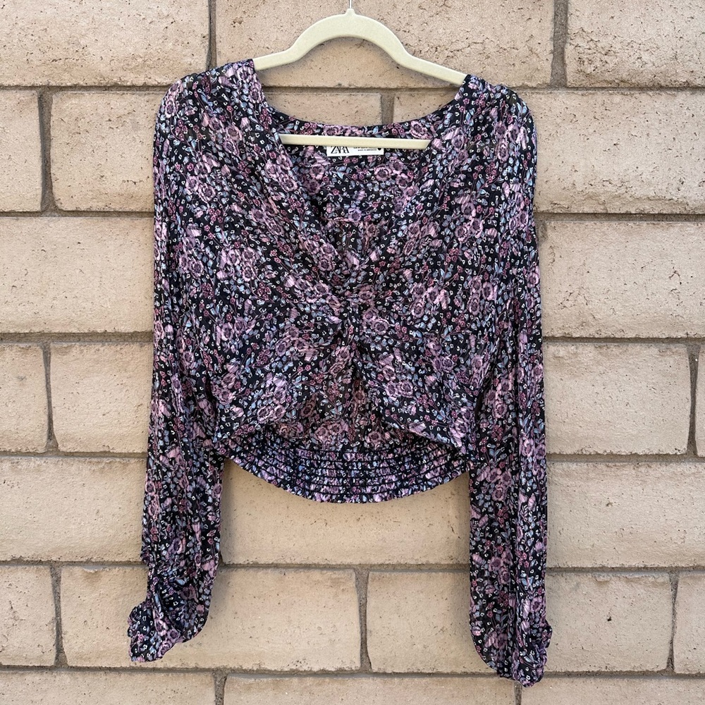 Zara Black and Pink Floral Blouse